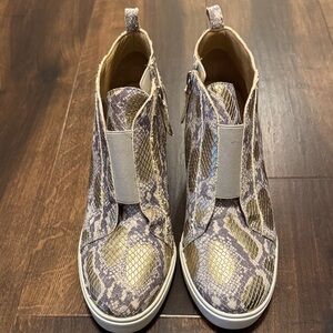 Paolo Wedge Gold and Gray Snake Print Ankle Boots